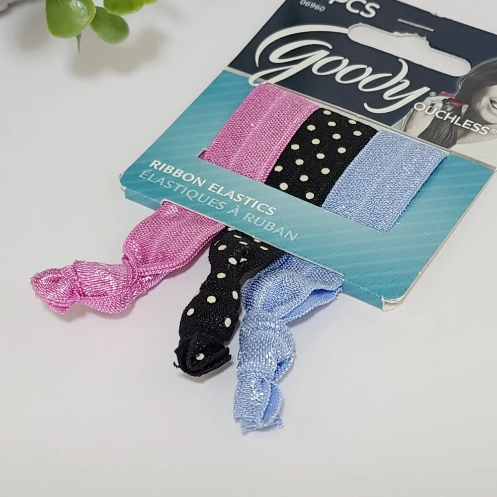 Goody Ouchless Ponytailers Ribbon Elastic Hair Tie 3 PCS Polka Black Blue Pink